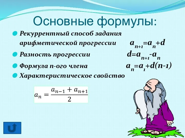 Основные формулы: Рекуррентный способ задания арифметической прогрессии an+1=an+d Разность прогрессии d=an+1-an Формула