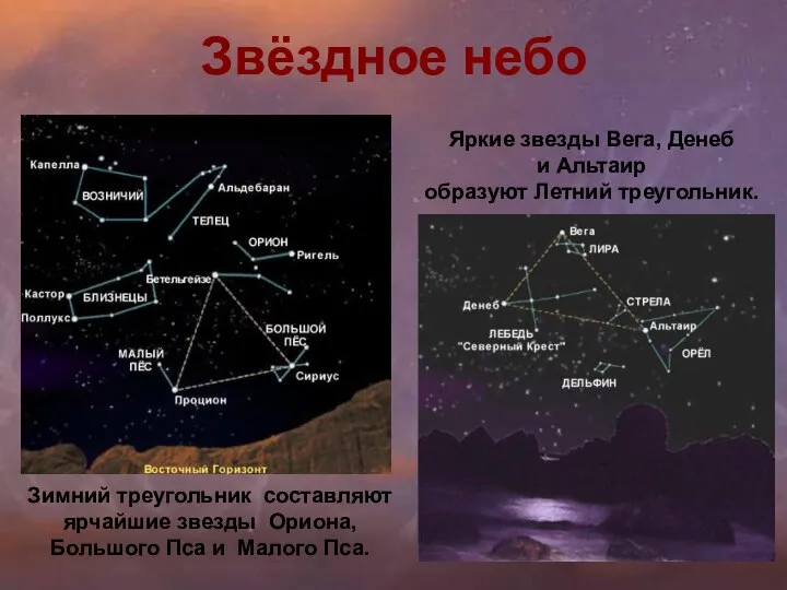 Зимний треугольник составляют ярчайшие звезды Ориона, Большого Пса и Малого Пса. Яркие