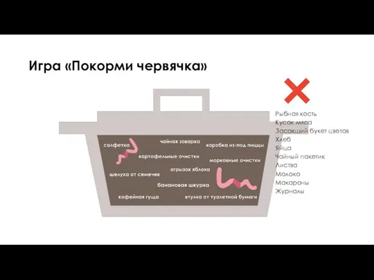 Игра «Покорми червячка» Рыбная кость Кусок мяса Засохший букет цветов Хлеб Яйца