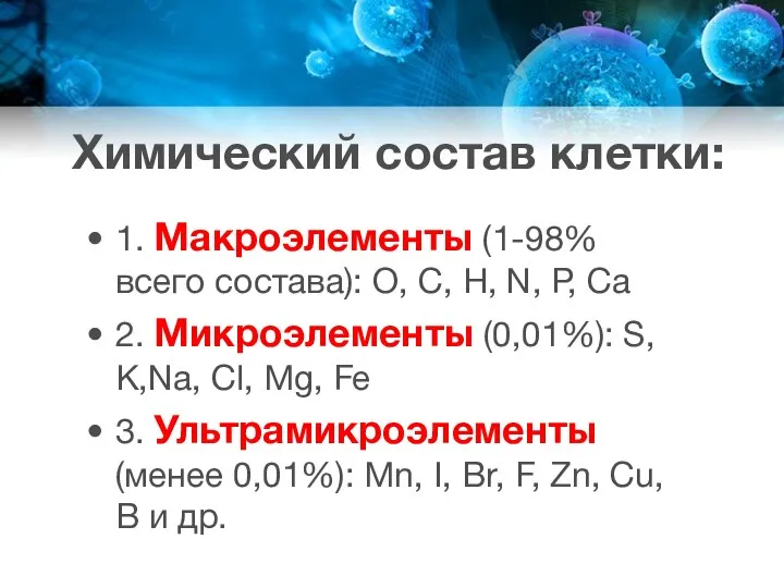 Химический состав клетки: 1. Макроэлементы (1-98% всего состава): О, С, Н, N,