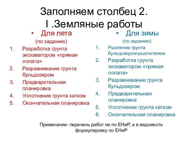 Заполняем столбец 2. I .Земляные работы Для лета (по заданию) Разработка грунта