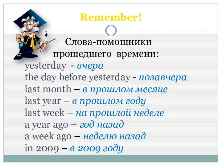 Remember! Слова-помощники прошедшего времени: yesterday - вчера the day before yesterday -