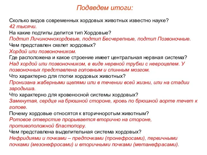 Сколько видов современных хордовых животных известно науке? 42 тысячи. На какие подтипы