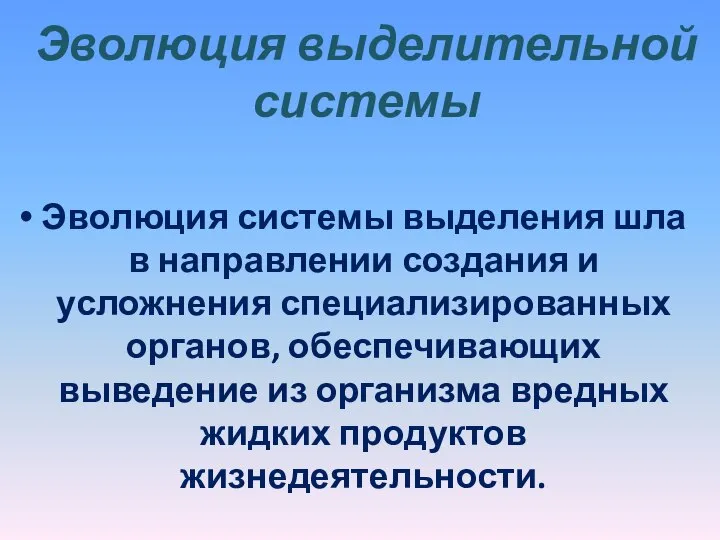 Эволюция выделительной системы Эволюция системы выделения шла в направлении создания и усложнения