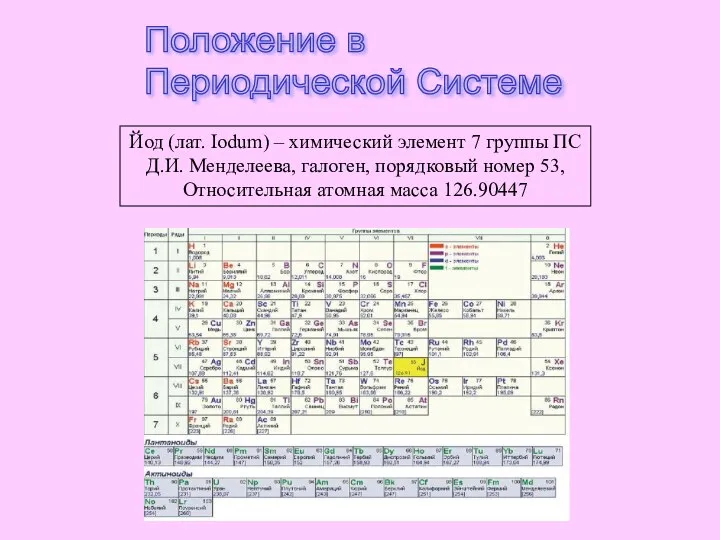 Йод (лат. Iodum) – химический элемент 7 группы ПС Д.И. Менделеева, галоген,