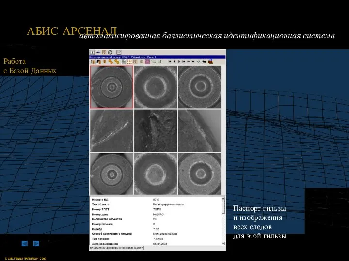 Работа с Базой Данных Паспорт гильзы и изображения всех следов для этой гильзы