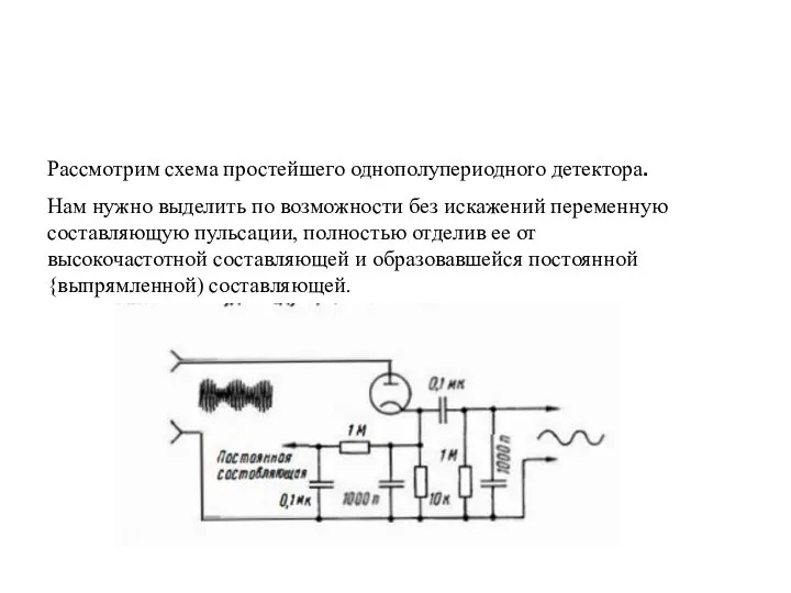 Рассмотрим схема простейшего однополупериодноrо детектора. Нам нужно выделить по возможности без искажений