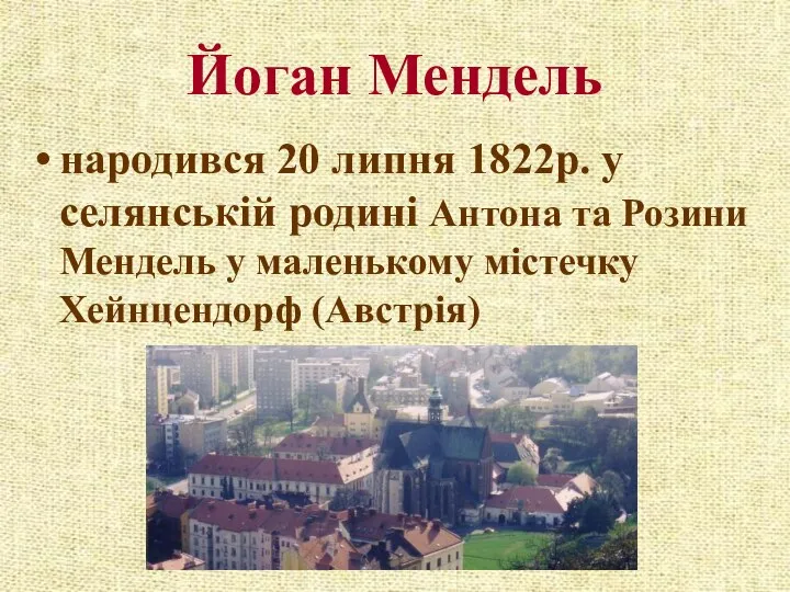 Йоган Мендель народився 20 липня 1822р. у селянській родині Антона та Розини