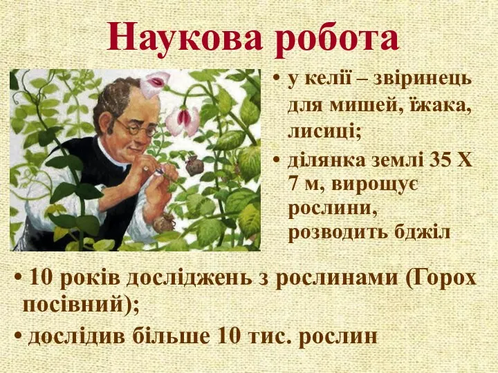 Наукова робота у келії – звіринець для мишей, їжака, лисиці; ділянка землі