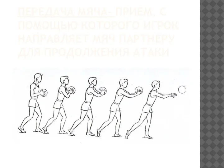 ПЕРЕДАЧА МЯЧА- ПРИЕМ, С ПОМОЩЬЮ КОТОРОГО ИГРОК НАПРАВЛЯЕТ МЯЧ ПАРТНЕРУ ДЛЯ ПРОДОЛЖЕНИЯ АТАКИ