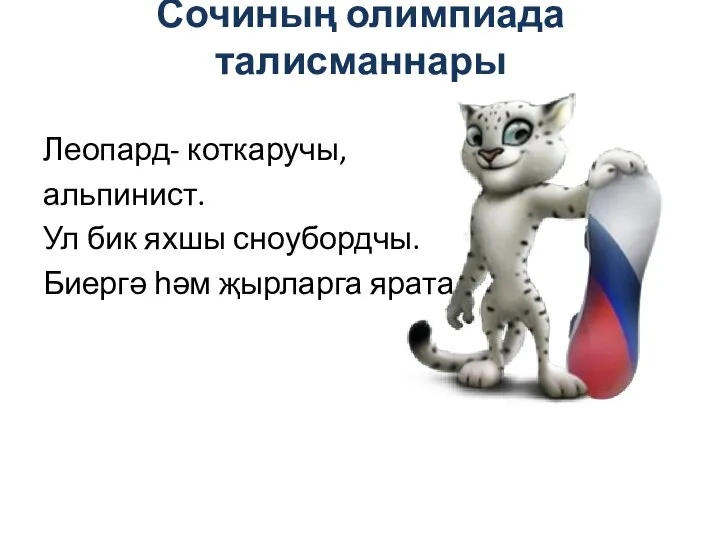 Сочиның олимпиада талисманнары Леопард- коткаручы, альпинист. Ул бик яхшы сноубордчы. Биергә һәм җырларга ярата.