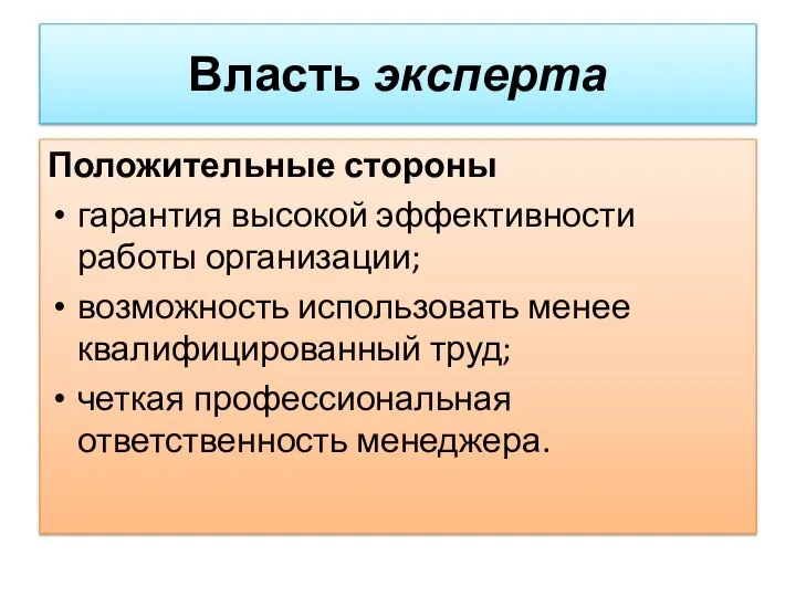 Положительные стороны гарантия высокой эффективности работы организации; возможность использовать менее квалифицированный труд;