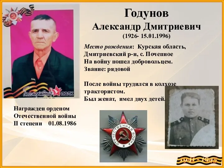 Годунов Александр Дмитриевич (1926- 15.01.1996) Место рождения: Курская область, Дмитриевский р-н, с.