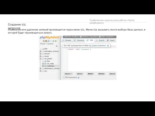 Графические средства для работы с MySQL (phpMyAdmin) Создание SQL запросов Изменение или