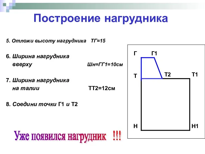 Построение нагрудника 5. Отложи высоту нагрудника ТГ=15 6. Ширина нагрудника вверху Шн=ГГ1=10см