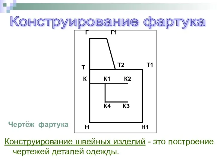 Конструирование фартука Конструирование швейных изделий - это построение чертежей деталей одежды. Т1