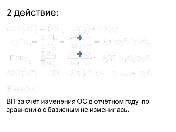 2 действие: ВП за счёт изменения ОС в отчётном году по сравнению с базисным не изменилась.