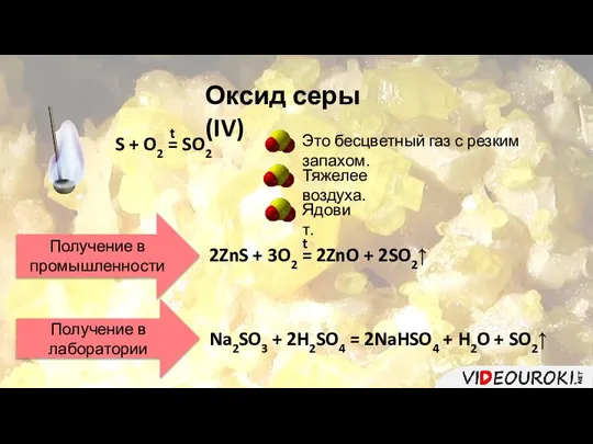 Оксид серы (IV) S + O2 = SO2 Это бесцветный газ с