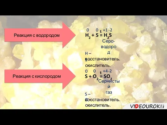 Реакция с водородом H2 + S = H2S t Серо- водород 0