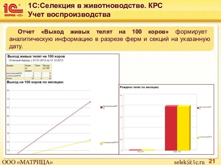 Отчет «Выход живых телят на 100 коров» формирует аналитическую информацию в разрезе