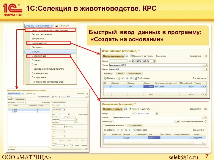 Быстрый ввод данных в программу: «Создать на основании» ООО «МАТРИЦА» selek@1c.ru 1С:Селекция в животноводстве. КРС