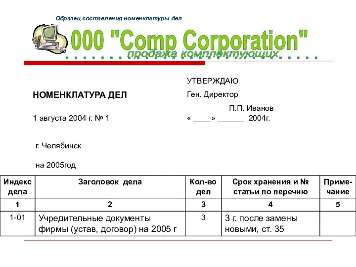 000 "Comp Corporation" продажа комплектующих Образец составления номенклатуры дел г. Челябинск на 2005год
