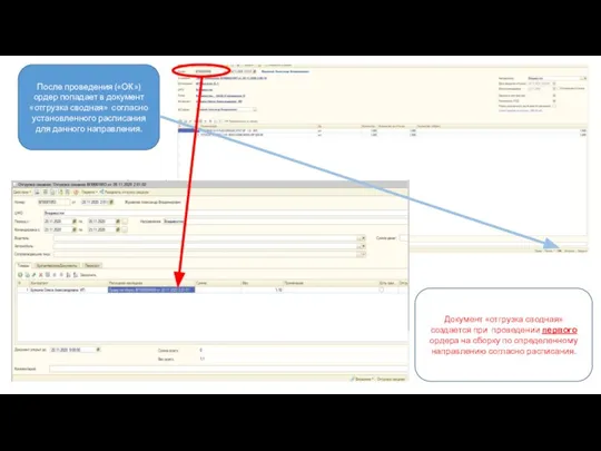 После проведения («ОК») ордер попадает в документ «отгрузка сводная» согласно установленного расписания