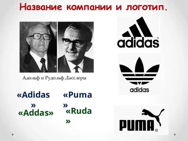 Название компании и логотип. «Adidas» «Puma» «Addas» «Ruda» Адольф и Рудольф Дасслеры