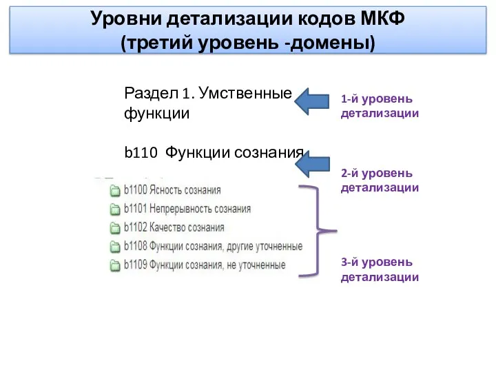 Уровни детализации кодов МКФ (третий уровень -домены) Раздел 1. Умственные функции b110