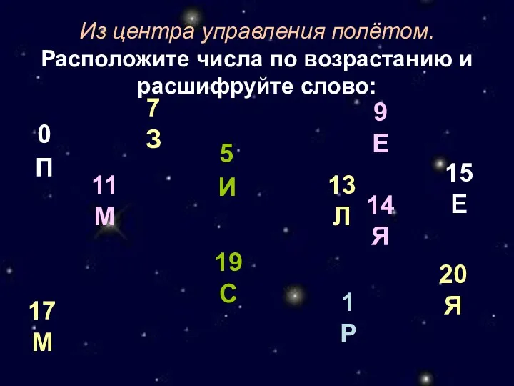 Из центра управления полётом. Расположите числа по возрастанию и расшифруйте слово: 0П