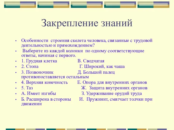 Закрепление знаний Особенности строения скелета человека, связанные с трудовой деятельностью и прямохождением?