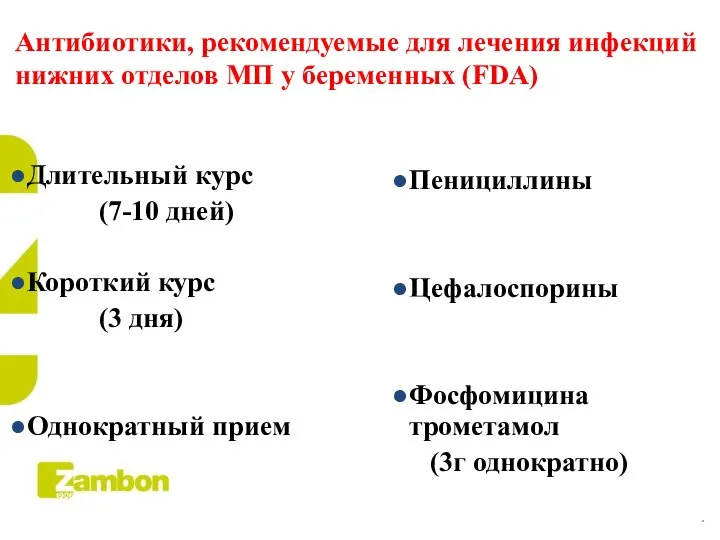 Антибиотики, рекомендуемые для лечения инфекций нижних отделов МП у беременных (FDA) Пенициллины