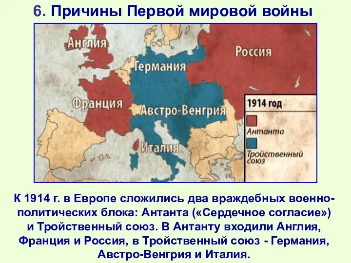 6. Причины Первой мировой войны К 1914 г. в Европе сложились два