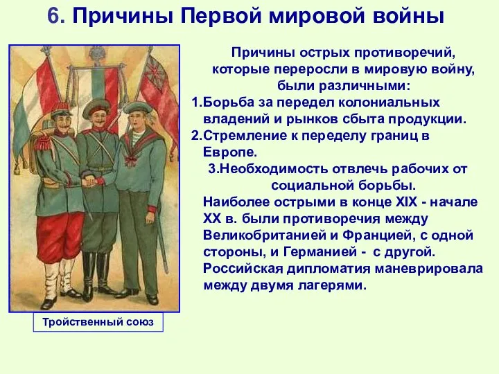 6. Причины Первой мировой войны Причины острых противоречий, которые переросли в мировую