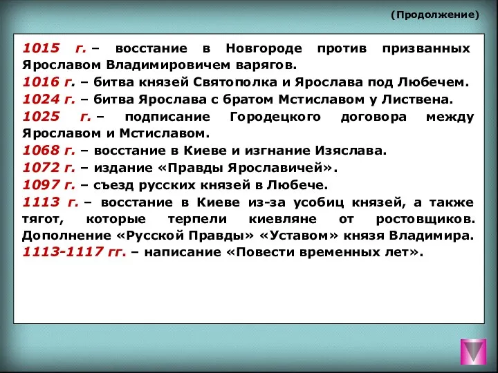 (Продолжение) 1015 г. – восстание в Новгороде против призванных Ярославом Владимировичем варягов.