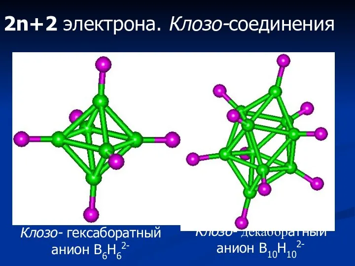 2n+2 электрона. Клозо-соединения Клозо- гексаборатный анион B6H62- Клозо- декаборатный анион B10H102-