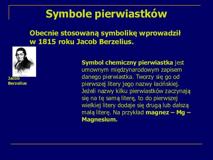 Symbole pierwiastków Obecnie stosowaną symbolikę wprowadził w 1815 roku Jacob Berzelius. Jacob