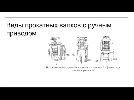 Виды прокатных валков с ручным приводом Прокатные вальцы с ручным приводом: а