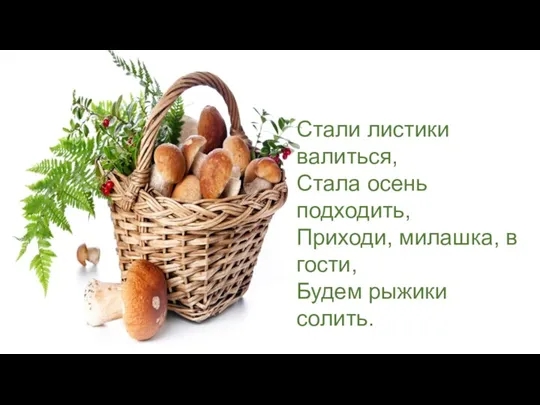 Стали листики валиться, Стала осень подходить, Приходи, милашка, в гости, Будем рыжики солить.