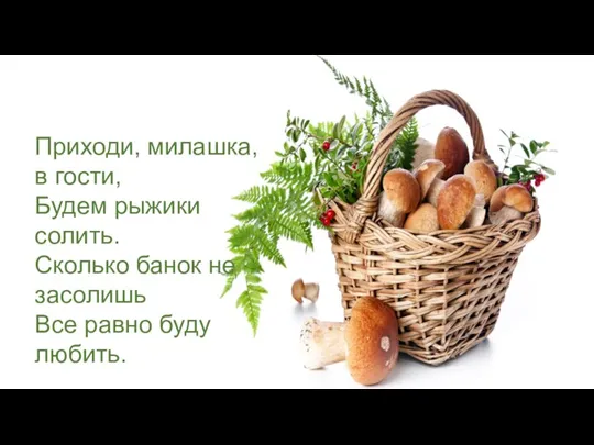 Приходи, милашка, в гости, Будем рыжики солить. Сколько банок не засолишь Все равно буду любить.