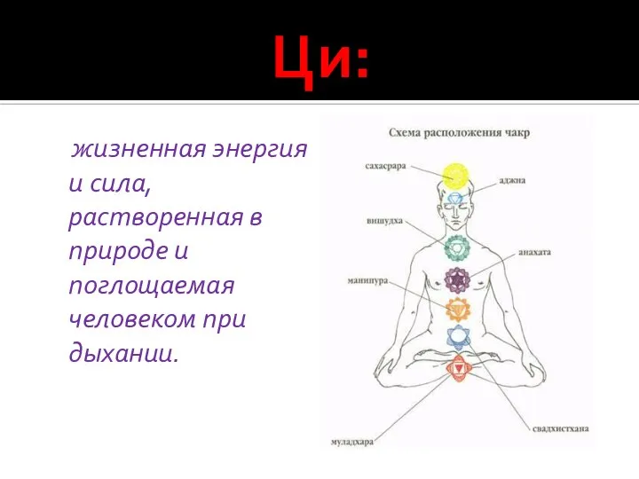 Ци: жизненная энергия и сила, растворенная в природе и поглощаемая человеком при дыхании.