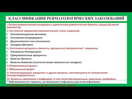 КЛАССИФИКАЦИЯ РЕВМАТОЛОГИЧЕСКИХ ЗАБОЛЕВАНИЙ I. Острая ревматическая лихорадка и хроническая ревматическая болезнь сердца