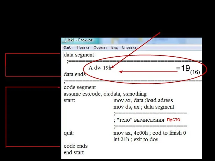 Целые числа (на ассемблере для 16-разрядного процессора) A=25(10)=19(16) сегмент данных сегмент кода =19(16) h=hex=(16) пусто