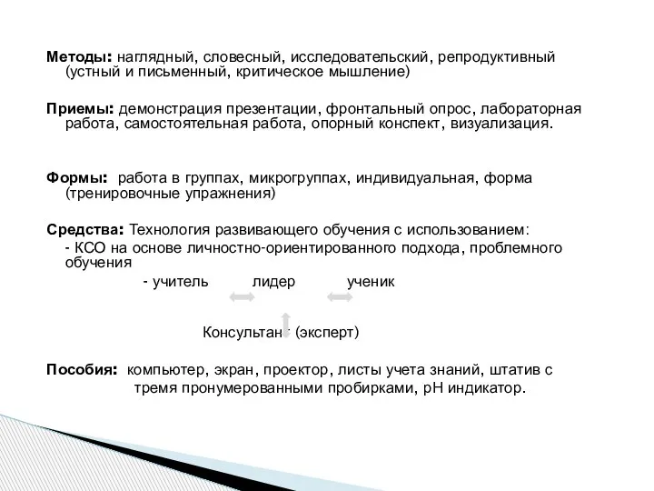 Методы: наглядный, словесный, исследовательский, репродуктивный (устный и письменный, критическое мышление) Приемы: демонстрация