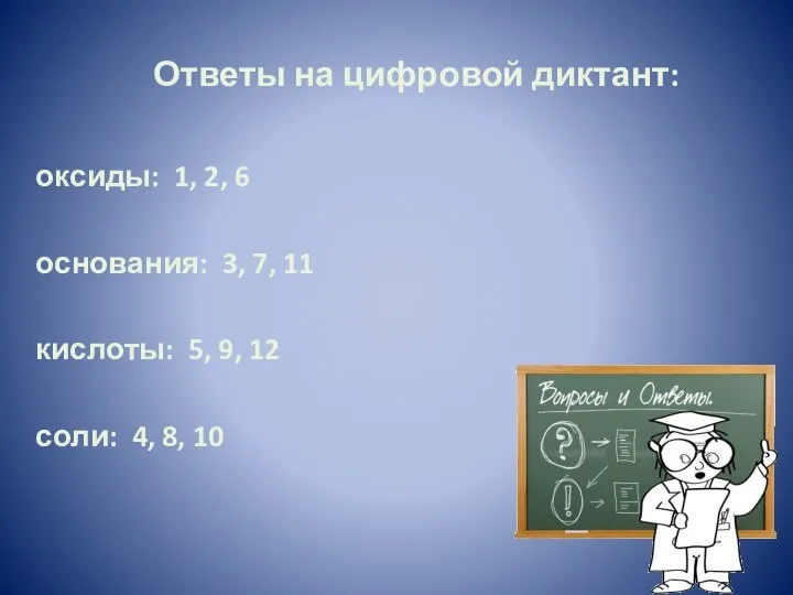 Ответы на цифровой диктант: оксиды: 1, 2, 6 основания: 3, 7, 11