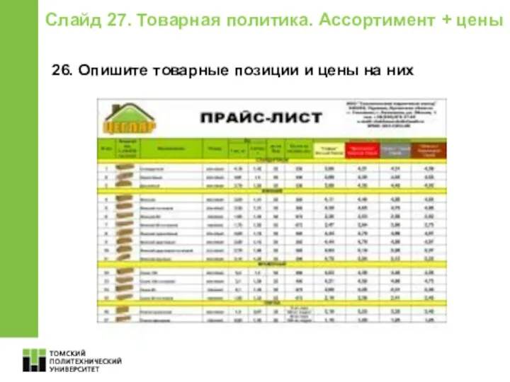 Слайд 27. Товарная политика. Ассортимент + цены 26. Опишите товарные позиции и цены на них