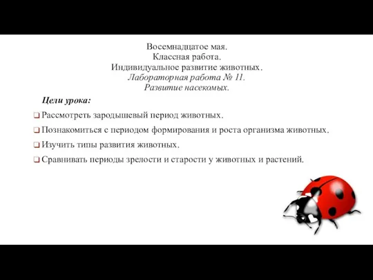 Восемнадцатое мая. Классная работа. Индивидуальное развитие животных. Лабораторная работа № 11. Развитие