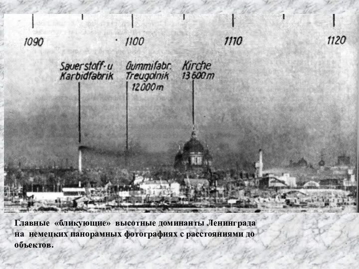 Главные «бликующие» высотные доминанты Ленинграда на немецких панорамных фотографиях с расстояниями до объектов.