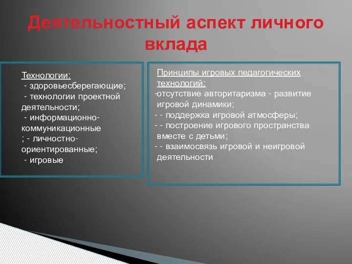 Деятельностный аспект личного вклада Технологии: - здоровьесберегающие; - технологии проектной деятельности; -