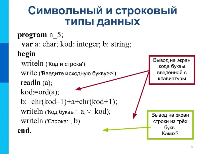 Символьный и строковый типы данных program n_5; var a: char; kod: integer;